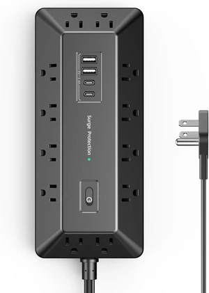 T-Shaped Anti-Clash Surge Protector Power Strip, 12 AC + 4 USB Ports (2 USB-C PD 20W), Flat Plug 6FT Extension Cord, 1800J, Built-in Device Stand for Home Office Gaming Dorm T-Shaped Anti-Clash Surge Protector Power Strip, 12 AC + 4 USB Ports (2 USB-C PD 20W), Flat Plug 6FT Extension Cord, 1800J, Built-in Device Stand for Home Office Gaming Dorm