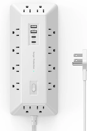 T-Shaped Anti-Clash Surge Protector Power Strip, 12 AC + 4 USB Ports (2 USB-C PD 20W), Flat Plug 6FT Extension Cord, 1800J, Built-in Device Stand for Home Office Gaming Dorm - White T-Shaped Anti-Clash Surge Protector Power Strip, 12 AC + 4 USB Ports (2 USB-C PD 20W), Flat Plug 6FT Extension Cord, 1800J, Built-in Device Stand for Home Office Gaming Dorm - White