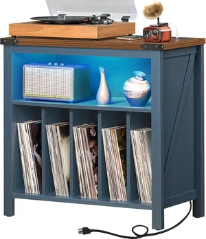 Large Record Player Stand with Charging Station & LED Lights, Vinyl Records Storage Holder Cabinet Holds up to 230 Albums, Turntable Stand for Music Room, Bedroom, Living Room, Office (Black) Blue Large Record Player Stand with Charging Station & LED Lights, Vinyl Records Storage Holder Cabinet Holds up to 230 Albums, Turntable Stand for Music Room, Bedroom, Living Room, Office (Black) Blue