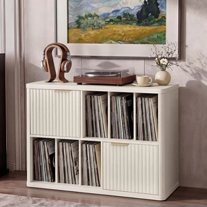 Large Record Player Stand with Vinyl Storage, 39.5" Modern Wood Records Storage Cabinet for Speakers, Mid Century Turntable Stand with Fluted Doors, Media Holder for Home, Antique White Large Record Player Stand with Vinyl Storage, 39.5" Modern Wood Records Storage Cabinet for Speakers, Mid Century Turntable Stand with Fluted Doors, Media Holder for Home, Antique White
