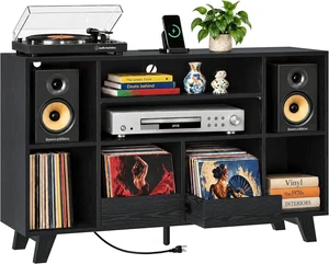 Record Player Stand with 2 Drawers, 55" Holds 550+ Albums, Large Turntable Stand with Charging Station, Mid Century Modern Record Player Table for Living Room & Entertainment Room Record Player Stand with 2 Drawers, 55" Holds 550+ Albums, Large Turntable Stand with Charging Station, Mid Century Modern Record Player Table for Living Room & Entertainment Room