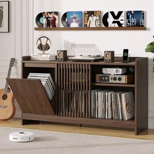 48" Record Player Stand w/Flip-Out Storage Cabinet, Sliding Door, Holds 350+Albums-Vinyl Record Table w/Adjustable Shelf Charging Station Modern Turntable Stand for Living Room Bedroom Walnut 48" Record Player Stand w/Flip-Out Storage Cabinet, Sliding Door, Holds 350+Albums-Vinyl Record Table w/Adjustable Shelf Charging Station Modern Turntable Stand for Living Room Bedroom Walnut