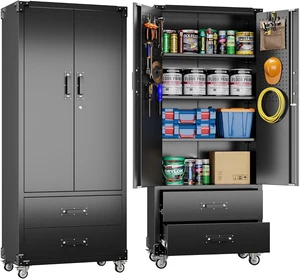 Rolling Storage Cabinet with 2 Doors and 2 Drawers, Heavy Duty Metal Storage Cabinet with Shelves, Locking Steel Cabinet for Warehouse, Home, Office (Black) Rolling Storage Cabinet with 2 Doors and 2 Drawers, Heavy Duty Metal Storage Cabinet with Shelves, Locking Steel Cabinet for Warehouse, Home, Office (Black)