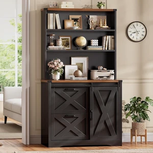 2 Drawer Filing Cabinet for Home Office with Sliding Barn Door, Farmhouse File Cabinet fits Legal/Letter/A4 File, Office File Cabinets with Printer Stand and Storage Bookshelf, Black 2 Drawer Filing Cabinet for Home Office with Sliding Barn Door, Farmhouse File Cabinet fits Legal/Letter/A4 File, Office File Cabinets with Printer Stand and Storage Bookshelf, Black