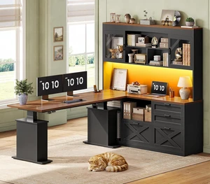 69" L Shaped Gaming Standing Desk with 4 Drawers, Storage Bookshelf, Farmhouse Height Adjustable Office Desk with Storage Shelves, LED Lights, Power Outlet for Home Office & Gaming 69" L Shaped Gaming Standing Desk with 4 Drawers, Storage Bookshelf, Farmhouse Height Adjustable Office Desk with Storage Shelves, LED Lights, Power Outlet for Home Office & Gaming