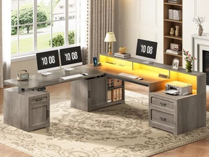Farmhouse L Shaped Standing Electric Desk with Storage, 76.8" x 72.8" Office Desk with 2 Drawers, Storage Cabinet, Power Outlet, Monitor Stand, Led Lights for Home Office Grey Farmhouse L Shaped Standing Electric Desk with Storage, 76.8" x 72.8" Office Desk with 2 Drawers, Storage Cabinet, Power Outlet, Monitor Stand, Led Lights for Home Office Grey