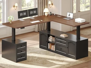 Farmhouse L Shaped Executive Electric Standing Desk with 6 Drawers, 69" x 55" Height Adjustable Office Desk with Storage Shelves, Power Outlet, Sit Stand Computer Desk for Home Office, Black Farmhouse L Shaped Executive Electric Standing Desk with 6 Drawers, 69" x 55" Height Adjustable Office Desk with Storage Shelves, Power Outlet, Sit Stand Computer Desk for Home Office, Black