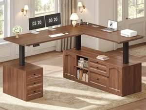 Farmhouse L Shaped Executive Electric Standing Desk with 6 Drawers, 69" x 55" Height Adjustable Office Desk with Storage Shelves, Power Outlet, Sit Stand Computer Desk for Home Office, Brown Farmhouse L Shaped Executive Electric Standing Desk with 6 Drawers, 69" x 55" Height Adjustable Office Desk with Storage Shelves, Power Outlet, Sit Stand Computer Desk for Home Office, Brown