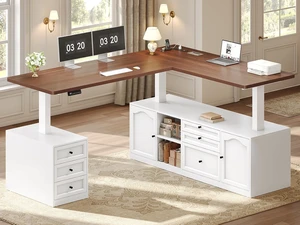 Farmhouse L Shaped Executive Electric Standing Desk with 6 Drawers, 69" x 55" Height Adjustable Office Desk with Storage Shelves, Power Outlet, Sit Stand Computer Desk for Home Office, White Farmhouse L Shaped Executive Electric Standing Desk with 6 Drawers, 69" x 55" Height Adjustable Office Desk with Storage Shelves, Power Outlet, Sit Stand Computer Desk for Home Office, White