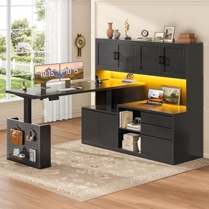 L Shaped Electric Standing Desk with Hutch, 110" Adjustable Height Desk with Drawers & Storage Shelves, Home Office Computer Desk with Power Outlet & LED Lights,Pegboard,Black L Shaped Electric Standing Desk with Hutch, 110" Adjustable Height Desk with Drawers & Storage Shelves, Home Office Computer Desk with Power Outlet & LED Lights,Pegboard,Black