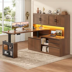 L Shaped Electric Standing Desk with Hutch, 110" Adjustable Height Desk with Drawers & Storage Shelves, Home Office Computer Desk with Power Outlet & LED Lights,Pegboard, Brown L Shaped Electric Standing Desk with Hutch, 110" Adjustable Height Desk with Drawers & Storage Shelves, Home Office Computer Desk with Power Outlet & LED Lights,Pegboard, Brown