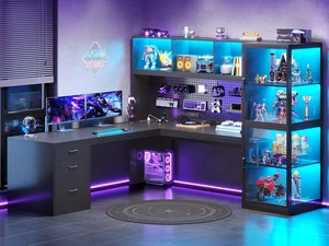 63'' L Shaped Gaming Desk with Glass Display Cabinet, Pegboard, Led Lights and 3 Drawers, Computer Desk with File Drawer, Power Outlet, Storage Shelves for Home Office, Corner, Bedroom, Black 63'' L Shaped Gaming Desk with Glass Display Cabinet, Pegboard, Led Lights and 3 Drawers, Computer Desk with File Drawer, Power Outlet, Storage Shelves for Home Office, Corner, Bedroom, Black
