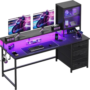55" Black Computer Desk with 2 Acrylic Cabinet & 3 Fabric Drawers, Integrates Ample Storage & Display, Great Fit for Small Spaces, Outlets Suitable for Studying, Working & Gaming Equipments 55" Black Computer Desk with 2 Acrylic Cabinet & 3 Fabric Drawers, Integrates Ample Storage & Display, Great Fit for Small Spaces, Outlets Suitable for Studying, Working & Gaming Equipments