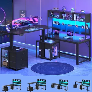 L Shaped Electric Standing Gaming Desk with 3 Drawer,LED Light, 94.5" Reversible Height Adjustable Desk with CPU Stand & Storage Bag, Corner Desk with Power Outlet & Display Cubbies L Shaped Electric Standing Gaming Desk with 3 Drawer,LED Light, 94.5" Reversible Height Adjustable Desk with CPU Stand & Storage Bag, Corner Desk with Power Outlet & Display Cubbies