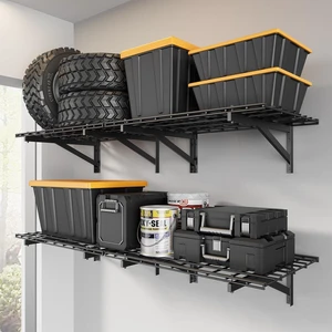 4 Pack Wall Mounted Garage Shelving, 2x3ft, 1400lbs Integrated Grid Heavy Duty Garage Wall Shelving, 24"x72" Garage Storage Rack Floating Shelves, Rustproof Black Coating for Garage Workshop 4 Pack Wall Mounted Garage Shelving, 2x3ft, 1400lbs Integrated Grid Heavy Duty Garage Wall Shelving, 24"x72" Garage Storage Rack Floating Shelves, Rustproof Black Coating for Garage Workshop