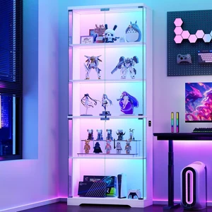 Glass Display Cabinet with Doors and RGB LED Lights, 69" Tall Curio Cabinet, 5-Tier Wooden Shelves, Lockable Display Case, Motion Sensor, for Collectibles, Living Room, White Glass Display Cabinet with Doors and RGB LED Lights, 69" Tall Curio Cabinet, 5-Tier Wooden Shelves, Lockable Display Case, Motion Sensor, for Collectibles, Living Room, White