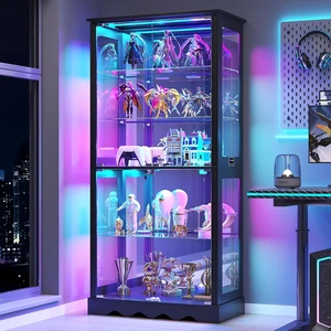 Display Cabinet with Glass Doors, RGB Lights for Collectibles, 71'' Tall with Adjustable Shelves, Human Sensor LED Lighting Curio Cabinet, Black Display Cabinet with Glass Doors, RGB Lights for Collectibles, 71'' Tall with Adjustable Shelves, Human Sensor LED Lighting Curio Cabinet, Black