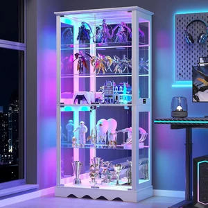 Display Cabinet with Glass Doors, RGB Lights for Collectibles, 71'' Tall with Adjustable Shelves, Human Sensor LED Lighting Curio Cabinet, White Display Cabinet with Glass Doors, RGB Lights for Collectibles, 71'' Tall with Adjustable Shelves, Human Sensor LED Lighting Curio Cabinet, White