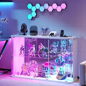 LED Display Cabinet with Glass Doors, Human Sensor RGB Lights, Rounded Design LED Curio Cabinet for Collectibles, White LED Display Cabinet with Glass Doors, Human Sensor RGB Lights, Rounded Design LED Curio Cabinet for Collectibles, White