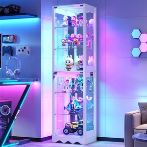 6 Tier Glass Display Cabinet with RGB Lights Adjustable Shelves, Human Sensor Lighting Curio Cabinet, Modern LED Display Case for Collectibles, White 6 Tier Glass Display Cabinet with RGB Lights Adjustable Shelves, Human Sensor Lighting Curio Cabinet, Modern LED Display Case for Collectibles, White