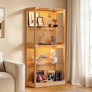 32-Inch RGB Display Cabinet with Glass Shelves 70 H x 32 W x 16 D In, 4-Tier Storage, RGB LED Lights, Press-to-Open Doors, for Collectibles, Wood-Grain Slatted Finish 32-Inch RGB Display Cabinet with Glass Shelves 70 H x 32 W x 16 D In, 4-Tier Storage, RGB LED Lights, Press-to-Open Doors, for Collectibles, Wood-Grain Slatted Finish