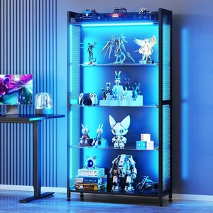 Display Case with Glass Shelves & RGB Lights, 4-Tier Display Cabinet, LED Display Shelf with Industrial Metal Mesh & Open Shelf Design for Collectibles, Black Curio Cabinet, Book Case Display Case with Glass Shelves & RGB Lights, 4-Tier Display Cabinet, LED Display Shelf with Industrial Metal Mesh & Open Shelf Design for Collectibles, Black Curio Cabinet, Book Case