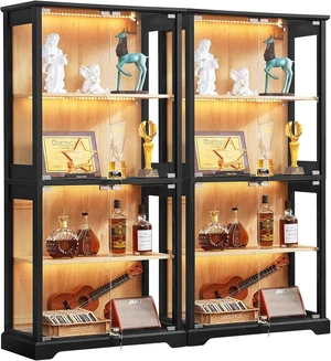 Farmhouse Glass Display Cabinet Set of 2 with Lock,Wooden Curio Cabinets with Glass Doors, 3-Color Motion-Sensor Light & Reinforced Base, Black Farmhouse Glass Display Cabinet Set of 2 with Lock,Wooden Curio Cabinets with Glass Doors, 3-Color Motion-Sensor Light & Reinforced Base, Black