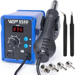 858D Hot Air Rework Soldering Station with Temperature Control, Adjustable Air Volume, Digital Display for SMD Soldering with 4 Extra Hot Air Nozzles 858D Hot Air Rework Soldering Station with Temperature Control, Adjustable Air Volume, Digital Display for SMD Soldering with 4 Extra Hot Air Nozzles