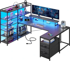 63" L Shaped Gaming Desk with Storage Drawers and Shelves, U Shaped Desk with Drawers,Reversible Computer desk with Power Outlet,LED and Monitor Stand for Gaming room,Home Office, Black 63" L Shaped Gaming Desk with Storage Drawers and Shelves, U Shaped Desk with Drawers,Reversible Computer desk with Power Outlet,LED and Monitor Stand for Gaming room,Home Office, Black