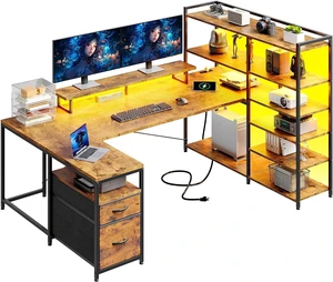 63" Reversible L Shaped Office Desk with Storage Drawers, Shelves U Shaped Gaming Desk with Monitor Stand, Power Outlet & LED Strip, Bookshelf for Home Office, Rustic Brown 63" Reversible L Shaped Office Desk with Storage Drawers, Shelves U Shaped Gaming Desk with Monitor Stand, Power Outlet & LED Strip, Bookshelf for Home Office, Rustic Brown