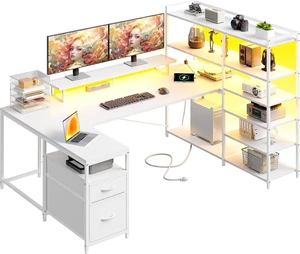 63" L Shaped Gaming Desk with Storage Drawers and Shelves, U Shaped Desk with Drawers,Reversible Computer desk with Power Outlet,LED and Monitor Stand for Gaming room,Home Office, Black White 63" L Shaped Gaming Desk with Storage Drawers and Shelves, U Shaped Desk with Drawers,Reversible Computer desk with Power Outlet,LED and Monitor Stand for Gaming room,Home Office, Black White