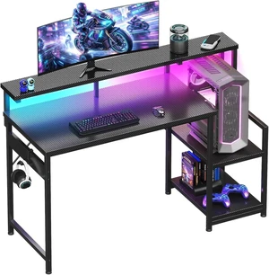 48 Inch Gaming Desk with LED Lights & CPU Stand, Computer Desk with Storage Shelves, Reversible Desk with Monitor Stand, Carbon Fiber Black 48 Inch Gaming Desk with LED Lights & CPU Stand, Computer Desk with Storage Shelves, Reversible Desk with Monitor Stand, Carbon Fiber Black
