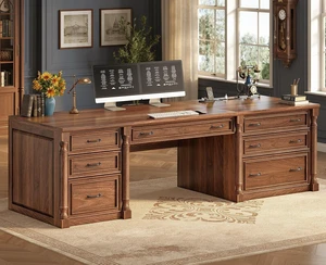 70.8" Executive Office Desk with 7 Storage Drawers & Charging Station, Wood Large Computer Desk with 2 File Drawers, Writing Desk Study Table, Brown 70.8" Executive Office Desk with 7 Storage Drawers & Charging Station, Wood Large Computer Desk with 2 File Drawers, Writing Desk Study Table, Brown