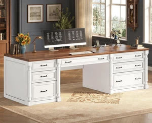 70.8" Executive Office Desk with 7 Storage Drawers & Charging Station, Wood Large Computer Desk with 2 File Drawers, Writing Desk Study Table, White 70.8" Executive Office Desk with 7 Storage Drawers & Charging Station, Wood Large Computer Desk with 2 File Drawers, Writing Desk Study Table, White