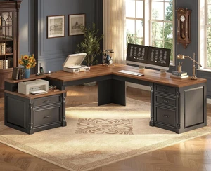 72.8" Large L Shaped Executive Desk with 5 Storage Drawers & Charging Station, Home Office Computer Desk with 2 File Drawers and Printer Shelf, Corner Writing Desk Study Table, Black 72.8" Large L Shaped Executive Desk with 5 Storage Drawers & Charging Station, Home Office Computer Desk with 2 File Drawers and Printer Shelf, Corner Writing Desk Study Table, Black