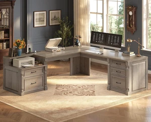 72.8" Large L Shaped Executive Desk with 5 Storage Drawers & Charging Station, Home Office Computer Desk with 2 File Drawers and Printer Shelf, Corner Writing Desk Study Table, Grey 72.8" Large L Shaped Executive Desk with 5 Storage Drawers & Charging Station, Home Office Computer Desk with 2 File Drawers and Printer Shelf, Corner Writing Desk Study Table, Grey
