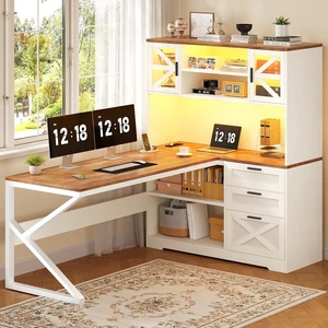 59" L Shaped Gaming Desk with Drawers, Outlet, LED Lights for Home Office, Corner Computer Desk with Storage Shelves, Bookshelf and Glass Cabinet for Home Office & Gaming, Brown/White 59" L Shaped Gaming Desk with Drawers, Outlet, LED Lights for Home Office, Corner Computer Desk with Storage Shelves, Bookshelf and Glass Cabinet for Home Office & Gaming, Brown/White