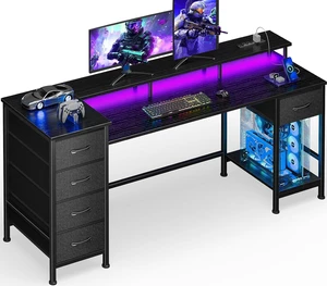 55 Inch Gaming Computer Desk with Power Outlets,LED,5 Drawers, Gaming desk with power outlets &LED lights,reversible design with 5 storage drawers Black 55 Inch Gaming Computer Desk with Power Outlets,LED,5 Drawers, Gaming desk with power outlets &LED lights,reversible design with 5 storage drawers Black