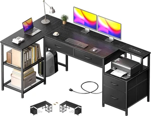 57 Inch L Shaped Computer Desk with Power Outlet, Drawers, Reversible, Corner, Home Office Desk, 4 Fabric Drawers, 2 Adjustable Mesh Shelves, Larger Storage, for Study, Work, Black 57 Inch L Shaped Computer Desk with Power Outlet, Drawers, Reversible, Corner, Home Office Desk, 4 Fabric Drawers, 2 Adjustable Mesh Shelves, Larger Storage, for Study, Work, Black