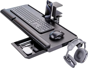 Keyboard Tray Under Desk with 360° Rotation, Ergonomic Computer Keyboard & Mouse Tray 24.4"W×10"D Sit Stand Desk Keyboard Holder w/Wrist Rest & Storage Drawer (Height is not Adjustable) Keyboard Tray Under Desk with 360° Rotation, Ergonomic Computer Keyboard & Mouse Tray 24.4"W×10"D Sit Stand Desk Keyboard Holder w/Wrist Rest & Storage Drawer (Height is not Adjustable)