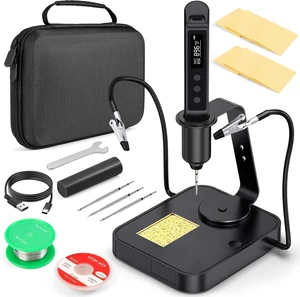 Soldering Iron Kit, Cordless Soldering Gun with 2 Helping Hands, 2s Fast Heating 356-896 OLED Solder Kit, Auto Sleep, Includes 360° Swivel Stand, C210 Tips, Wire, Wick, Sponges, Wrench, Black Soldering Iron Kit, Cordless Soldering Gun with 2 Helping Hands, 2s Fast Heating 356-896 OLED Solder Kit, Auto Sleep, Includes 360° Swivel Stand, C210 Tips, Wire, Wick, Sponges, Wrench, Black