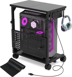 Adjustable Computer Tower Stand with Charging Station & Pegboard, Heavy Duty PC Gaming Stand Tower with Wheels, 22.6"-29.7" H, Gaming Home Office Flexible Workstation Cart with 4 Hooks Adjustable Computer Tower Stand with Charging Station & Pegboard, Heavy Duty PC Gaming Stand Tower with Wheels, 22.6"-29.7" H, Gaming Home Office Flexible Workstation Cart with 4 Hooks