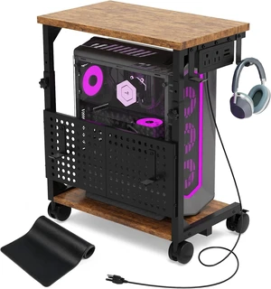 Adjustable Computer Tower Stand with Charging Station & Pegboard, Heavy Duty PC Gaming Stand Tower with Wheels, 22.6"-29.7" H, Gaming Home Office Flexible Workstation Cart with 4 Hooks - Brown Adjustable Computer Tower Stand with Charging Station & Pegboard, Heavy Duty PC Gaming Stand Tower with Wheels, 22.6"-29.7" H, Gaming Home Office Flexible Workstation Cart with 4 Hooks - Brown