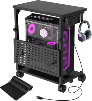 Adjustable Computer Tower Stand with Charging Station & Pegboard, Large Heavy Duty PC Gaming Stand Tower with Wheels, 22.6"-32" H, Gaming Home Office Flexible Workstation Cart with 4 Hooks,Black Adjustable Computer Tower Stand with Charging Station & Pegboard, Large Heavy Duty PC Gaming Stand Tower with Wheels, 22.6"-32" H, Gaming Home Office Flexible Workstation Cart with 4 Hooks,Black