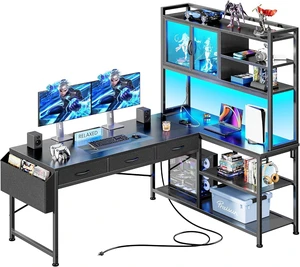 57.5 Inch L Shaped Gaming Desk with Power Outlets and LED Lights, USB-C Port, 6-Tier Computer Office Desk with 3 Fabric Drawers, L Corner Desk, Storage Shelves and Side Storage Bag, Black 57.5 Inch L Shaped Gaming Desk with Power Outlets and LED Lights, USB-C Port, 6-Tier Computer Office Desk with 3 Fabric Drawers, L Corner Desk, Storage Shelves and Side Storage Bag, Black