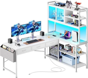 57.5 Inch L Shaped Gaming Desk with Power Outlets and LED Lights, USB-C Port, 6-Tier Computer Office Desk with 3 Fabric Drawers, L Corner Desk, Storage Shelves and Side Storage Bag, White 57.5 Inch L Shaped Gaming Desk with Power Outlets and LED Lights, USB-C Port, 6-Tier Computer Office Desk with 3 Fabric Drawers, L Corner Desk, Storage Shelves and Side Storage Bag, White
