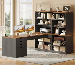 68.9" L Shaped Computer Desk with Bookshelf & 4 Drawers, Executive Desk with File Cabinet & Storage Shelves, Corner Desk with Power Outlet, Home Office, Black + Brown 68.9" L Shaped Computer Desk with Bookshelf & 4 Drawers, Executive Desk with File Cabinet & Storage Shelves, Corner Desk with Power Outlet, Home Office, Black + Brown