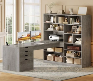 68.9" L Shaped Computer Desk with Bookshelf & 4 Drawers, Executive Desk with File Cabinet & Storage Shelves, Corner Desk with Power Outlet, Home Office, Grey 68.9" L Shaped Computer Desk with Bookshelf & 4 Drawers, Executive Desk with File Cabinet & Storage Shelves, Corner Desk with Power Outlet, Home Office, Grey