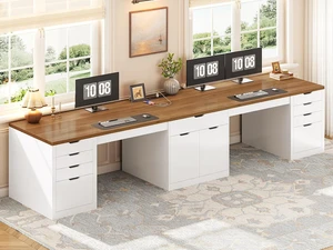 110.2" Long 2 Person Desk with 9 Drawers for Home Office Gaming, Long Computer Desk with Storage Cabinet,Gaming Double Desk,Two Person Office Desk with Drawers & Power Outlet, White and Brown 110.2" Long 2 Person Desk with 9 Drawers for Home Office Gaming, Long Computer Desk with Storage Cabinet,Gaming Double Desk,Two Person Office Desk with Drawers & Power Outlet, White and Brown