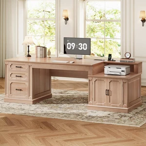 Farmhouse 70.9" Executive Desk, Home Office Desk with File Drawers and Storage Cabinet, Computer Desk with Power Outlet for Home Office, Work Study Writing, Oak Farmhouse 70.9" Executive Desk, Home Office Desk with File Drawers and Storage Cabinet, Computer Desk with Power Outlet for Home Office, Work Study Writing, Oak